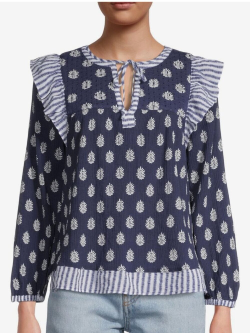 Vineyard Vines Fleur De Leaf Top XS Blue White Ruffle Cotton Boho Blouse